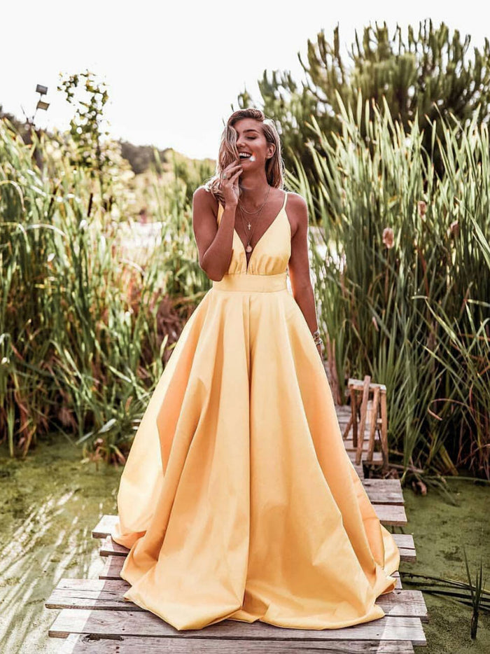 Simple v neck yellow long prom dress, yellow evening dress