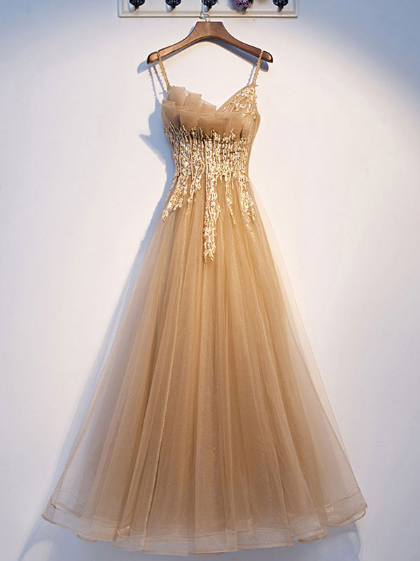 Champagne tulle lace long prom dress tulle lace formal dress