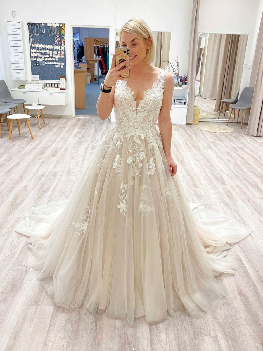 Champagne v neck tulle lace long prom dress, champagne evening dress – toptby