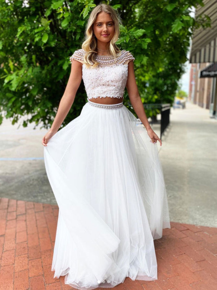 White round neck tulle lace two pieces long prom dress