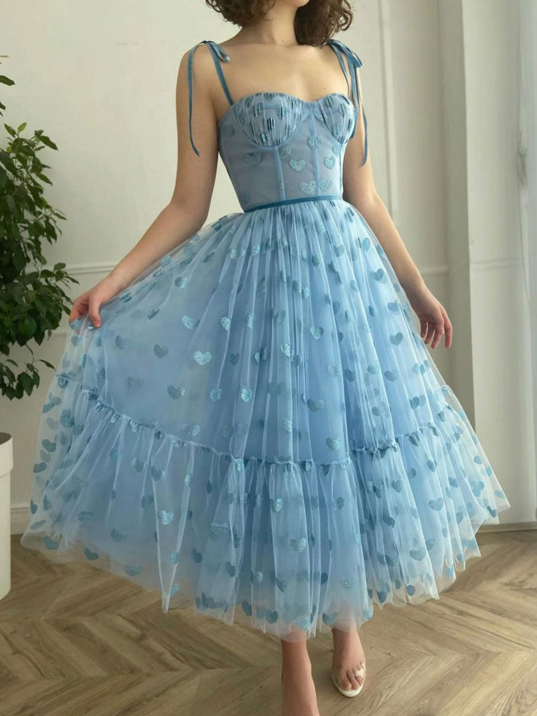 Blue tulle tea length prom dress, blue tulle formal dress