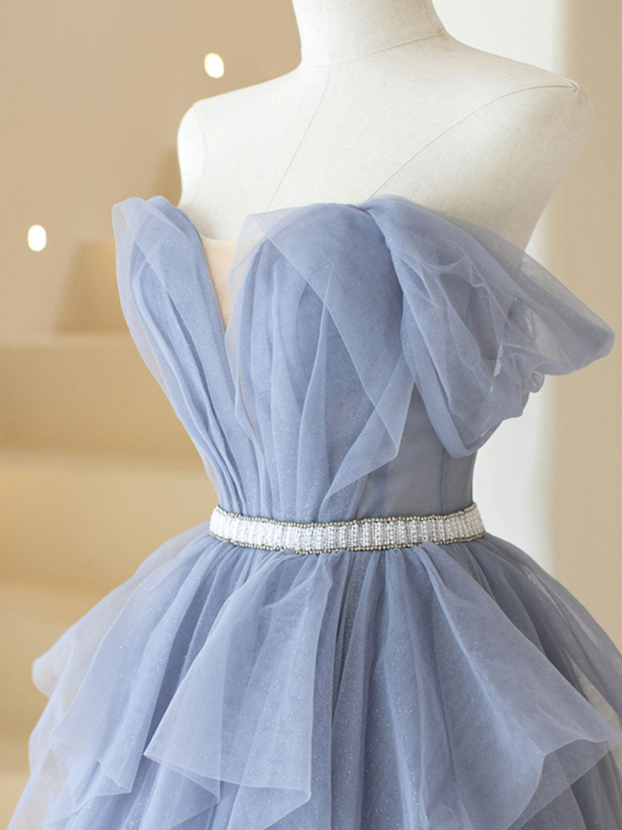 Gray purple tulle long prom dress, purple A line evening dress