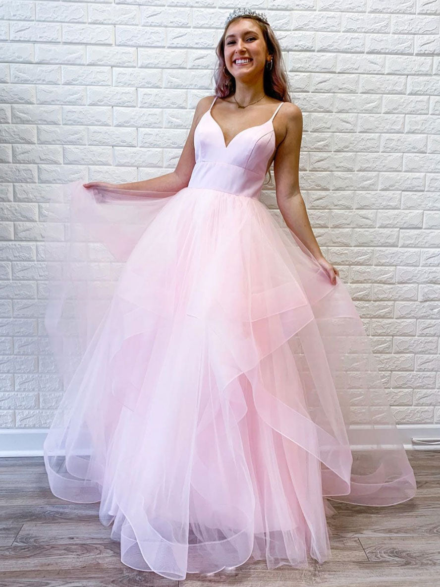 Pink sweetheart tulle long prom dress pink evening dress