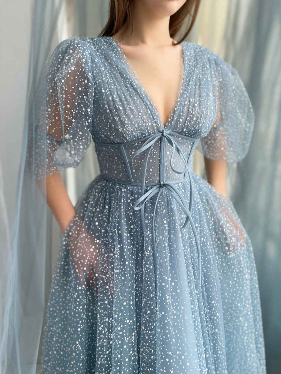 Aline Gray Blue Short Prom Dress, V Neck Blue Formal Cocktail Dress toptby Aline Gray Blue Short Prom Dress, V Neck Blue Formal Cocktail Dress toptby