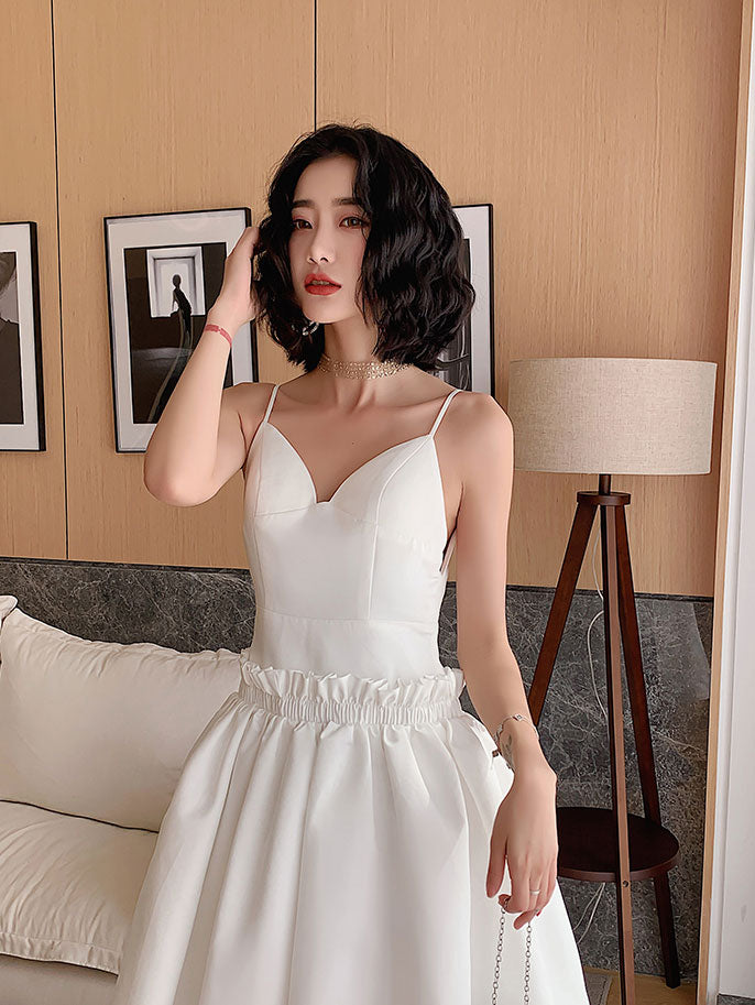 White satin tea length prom dress, white evening dress