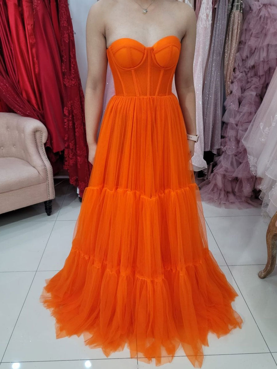 Orange A line tulle long prom dress, orange evening dress