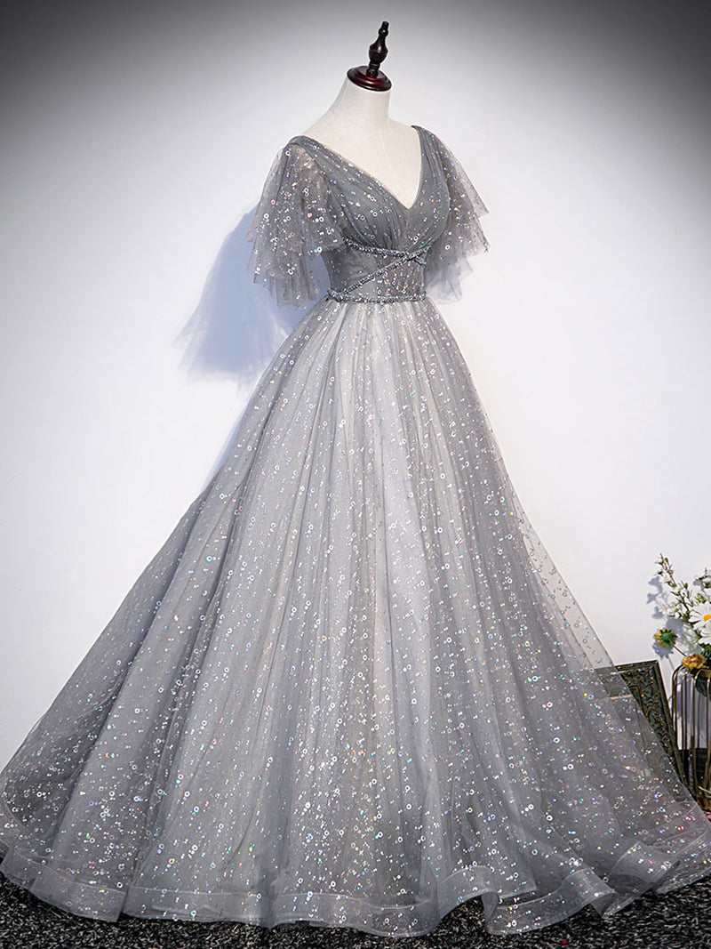 Gray v neck tulle sequin long prom dress, gray tulle evening dress