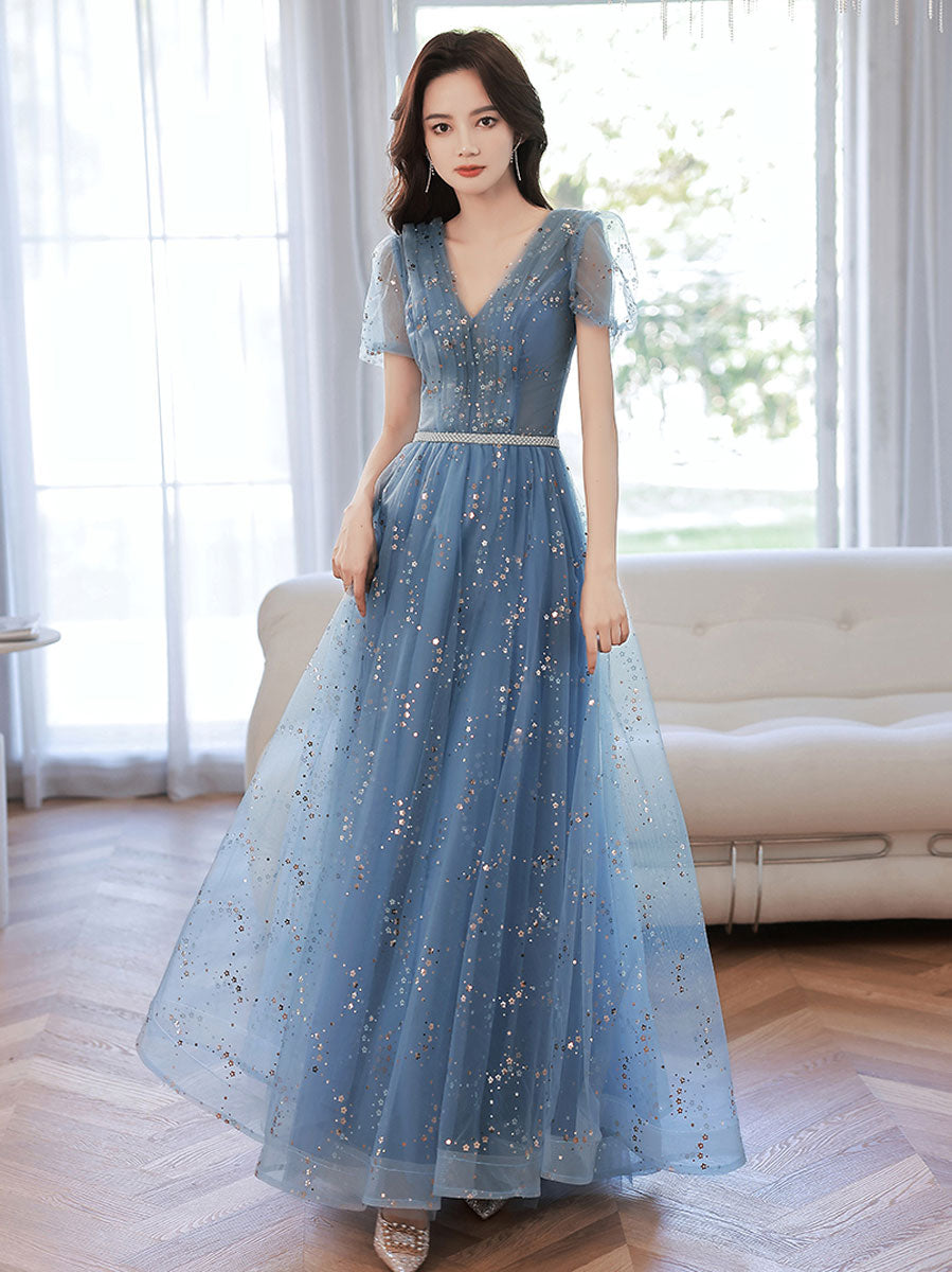 Blue v neck tulle tea length prom dress, blue sequin evening dress – toptby