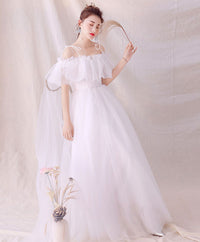 White tulle lace long prom dress, white tulle evening dress