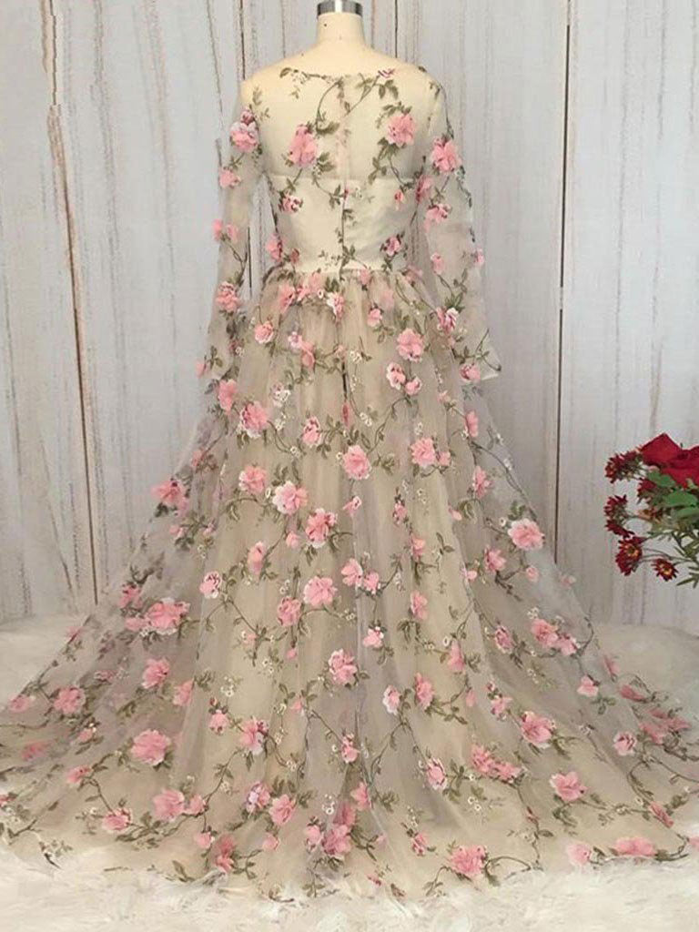 Champagne v neck tulle 3D flowers long prom dress champagne evening dr toptby Champagne v neck tulle 3D flowers long prom dress champagne evening dr toptby