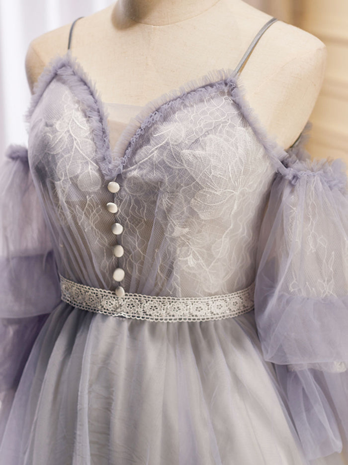 Light Purple A-Line Lace Tulle Short Prom Dress