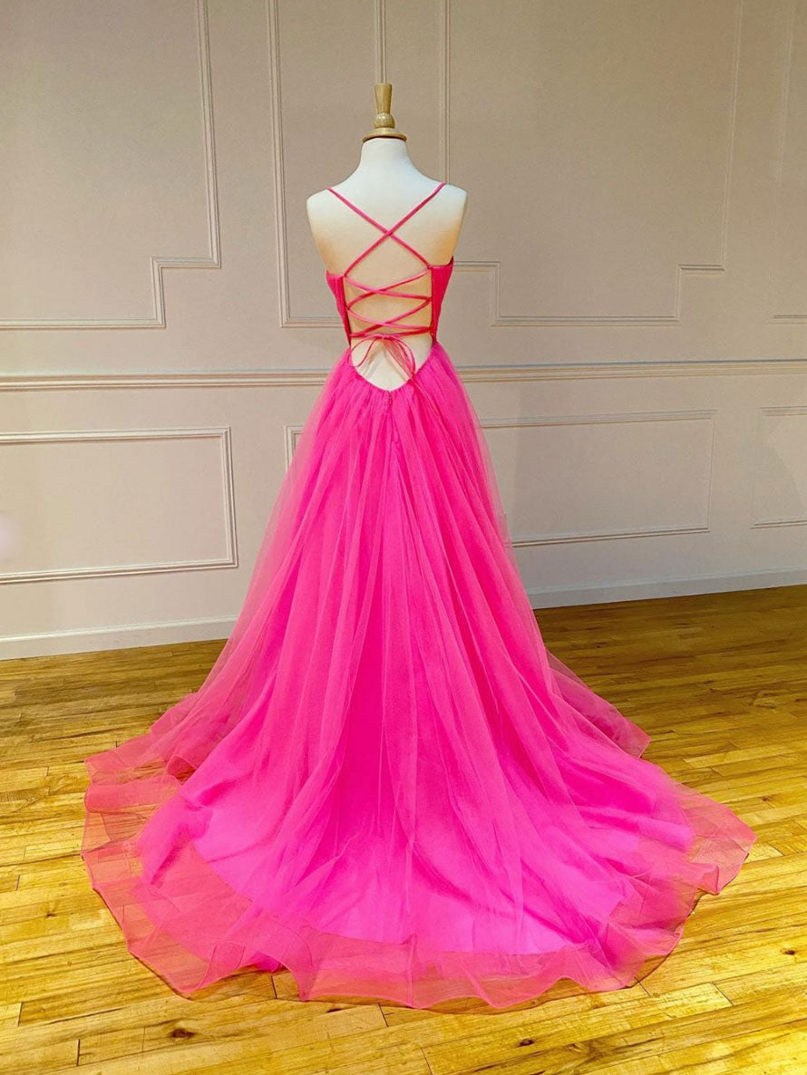 Simple pink tulle long prom dress pink tulle formal dress