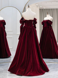 A-Line Burgundy Velvet Long Prom Dress