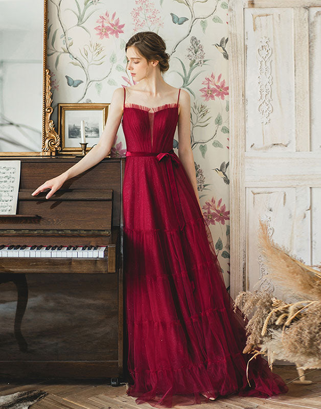 Burgundy tulle long prom dress, burgundy tulle evening dress