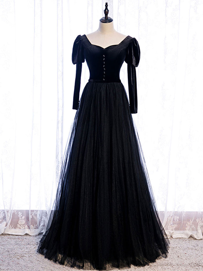 Simple black satin long prom dress black evening dress