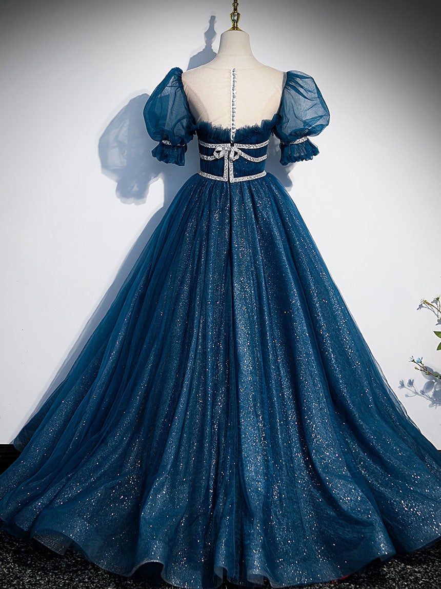 Dark blue tulle long prom dress,  blue tulle sweet 16 dress