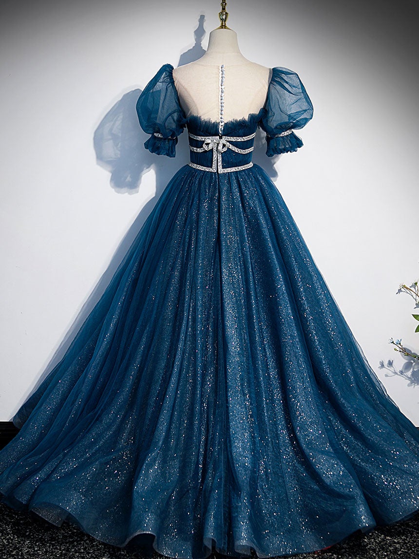 Dark blue tulle long prom dress, blue tulle sweet 16 dress β toptby