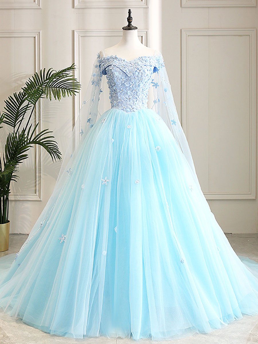 Blue sweetheart neck tulle lace long prom dress, blue evening dress