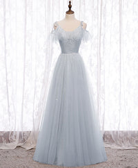 Simple gray tulle long prom dress gray bridesmaid dress