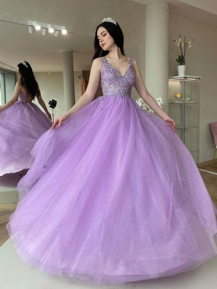 Purple A line tulle lace long prom dress, purple tulle formal dress