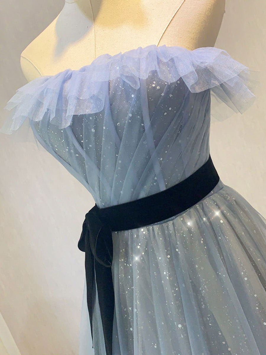 Blue tulle sequin long prom dress A line tulle blue formal dress
