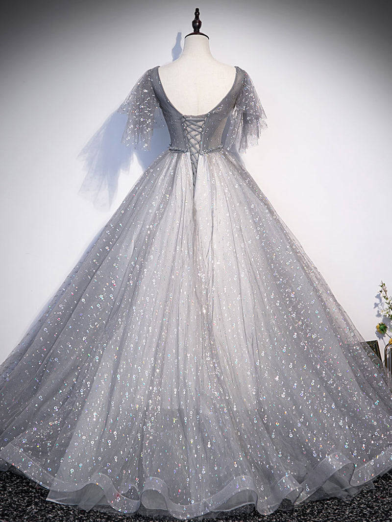 Gray v neck tulle sequin long prom dress, gray tulle evening dress