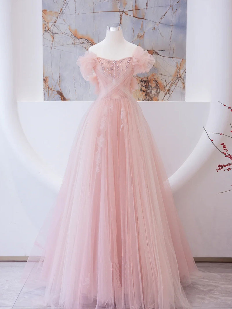 Pink tulle lace beads long prom dress, pink A line evening dress Pink tulle lace beads long prom dress, pink A line evening dress