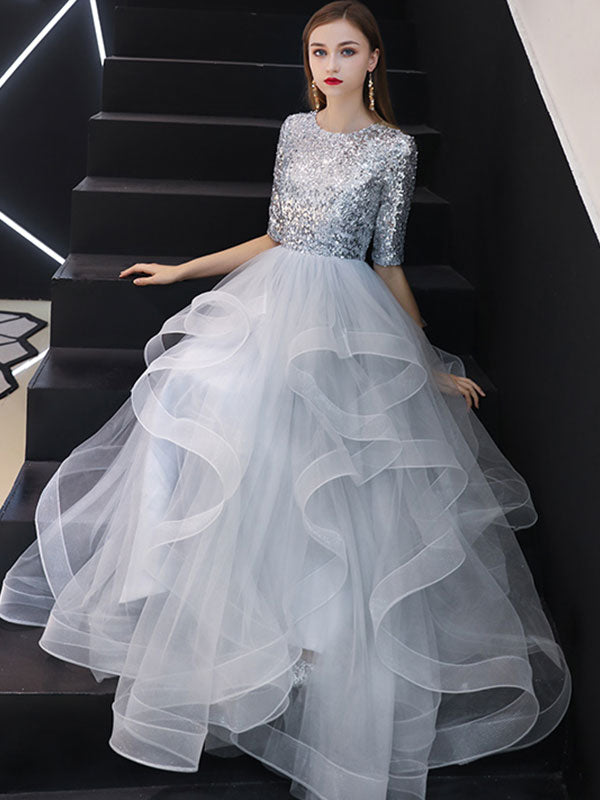 Gray tulle sequin long prom gown, gray tulle evening dress