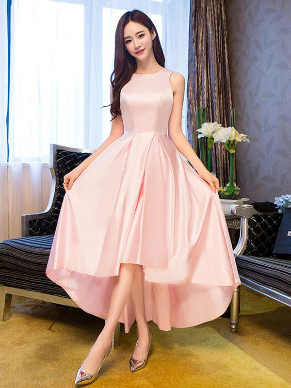 Simple pink satin high neck prom dress pink formal dress