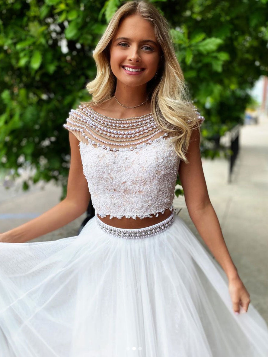 White round neck tulle lace two pieces long prom dress