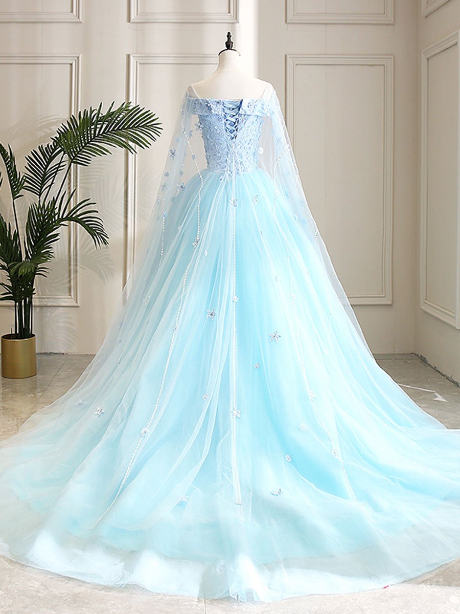 Blue sweetheart neck tulle lace long prom dress, blue evening dress