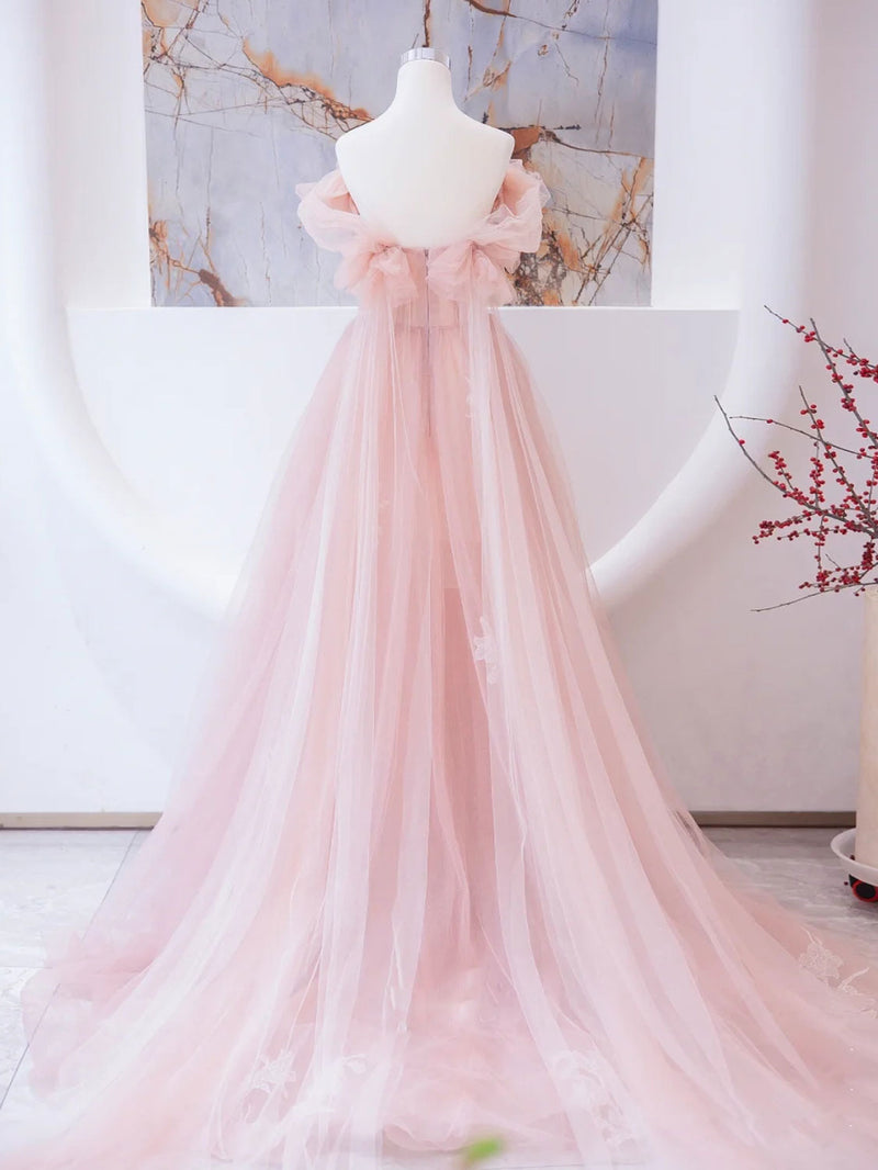 Pink tulle lace beads long prom dress, pink A line evening dress