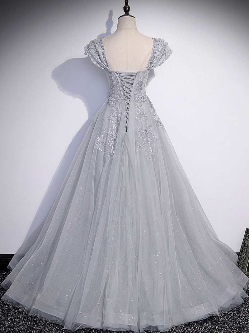 Gray tulle lace long prom dress, gray tulle lace long evening dress
