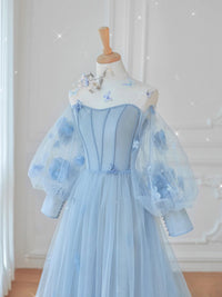 Blue round neck tulle lace long prom dress, blue tulle evening dress