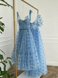 Blue tulle tea length prom dress, blue tulle formal dress