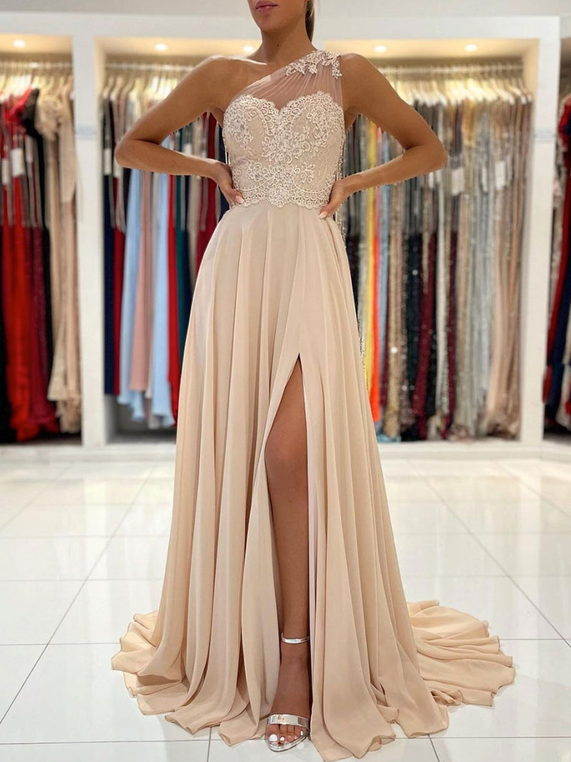 Champagne chiffon lace one shoulder long prom dress, lace evening dres toptby Champagne chiffon lace one shoulder long prom dress, lace evening dres toptby