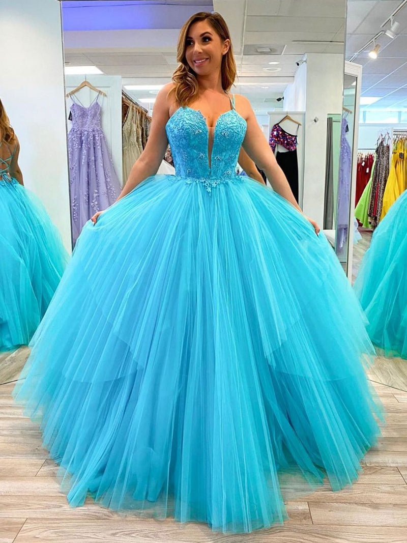 Blue sweetheart lace tulle long prom gown blue tulle formal dress
