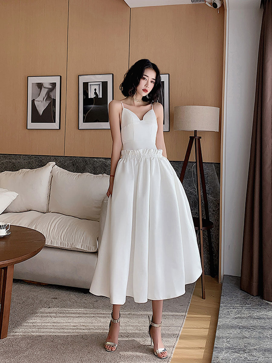 White satin tea length prom dress, white evening dress