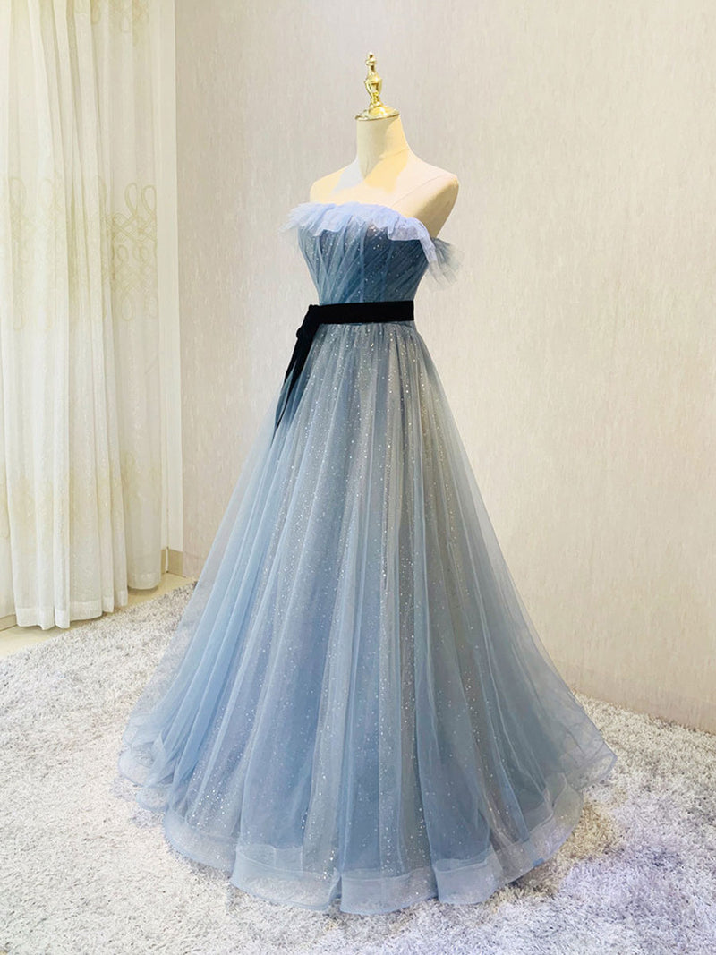 Blue tulle sequin long prom dress A line tulle blue formal dress