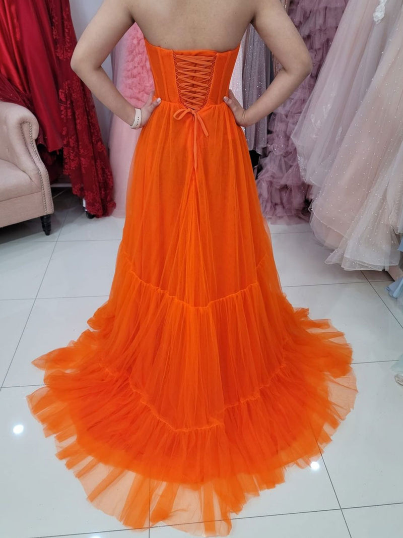 Orange A line tulle long prom dress, orange evening dress
