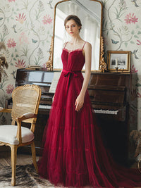 Burgundy tulle long prom dress, burgundy tulle evening dress