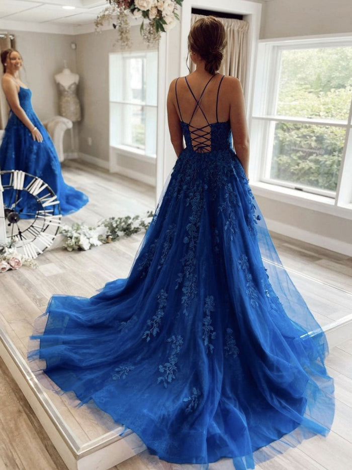 Blue backless lace long prom dress blue lace graduation dress