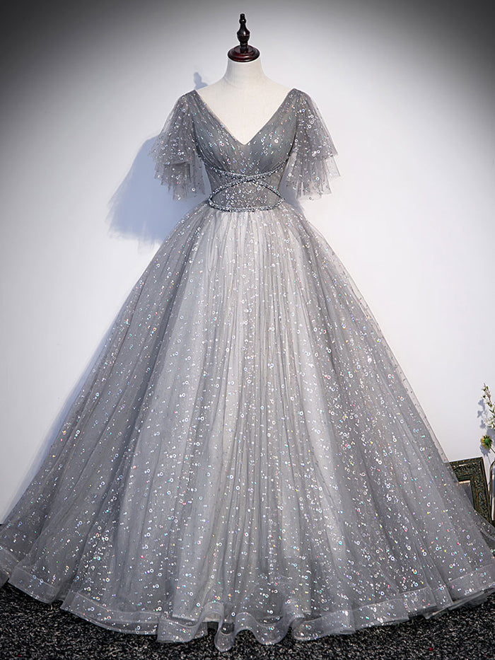 Gray v neck tulle sequin long prom dress, gray tulle evening dress