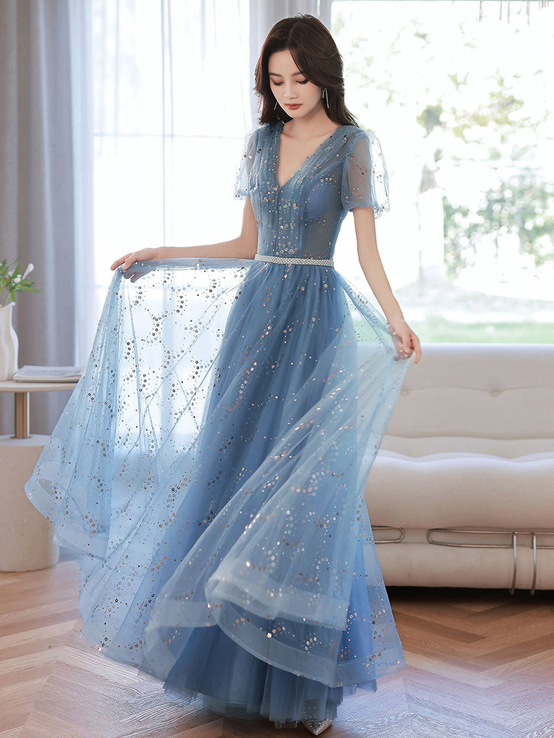 Blue v neck tulle tea length prom dress, blue sequin evening dress