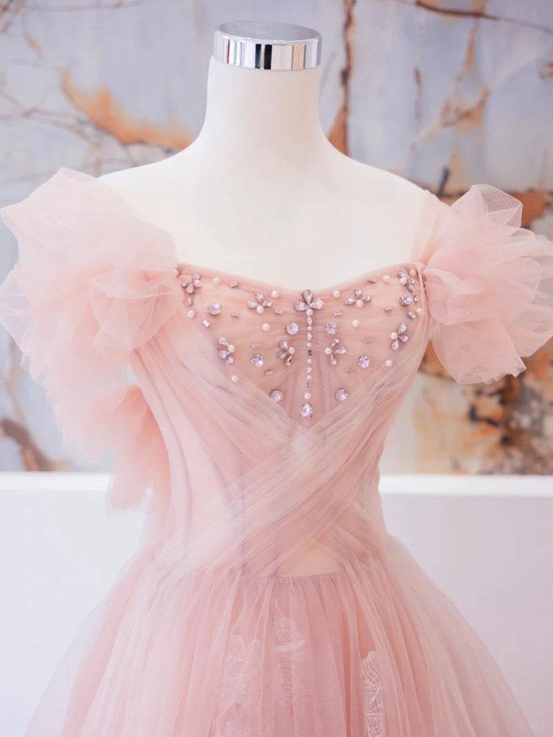 Pink tulle lace beads long prom dress, pink A line evening dress