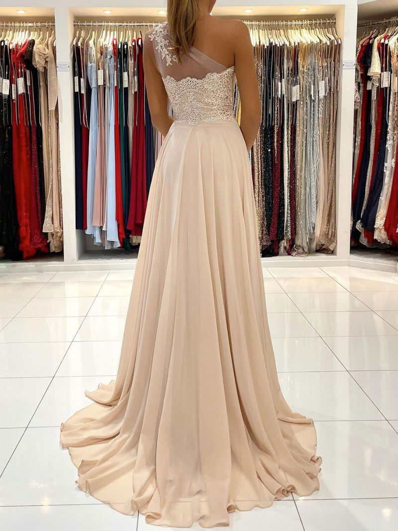 Champagne chiffon lace one shoulder long prom dress, lace evening dres toptby Champagne chiffon lace one shoulder long prom dress, lace evening dres toptby