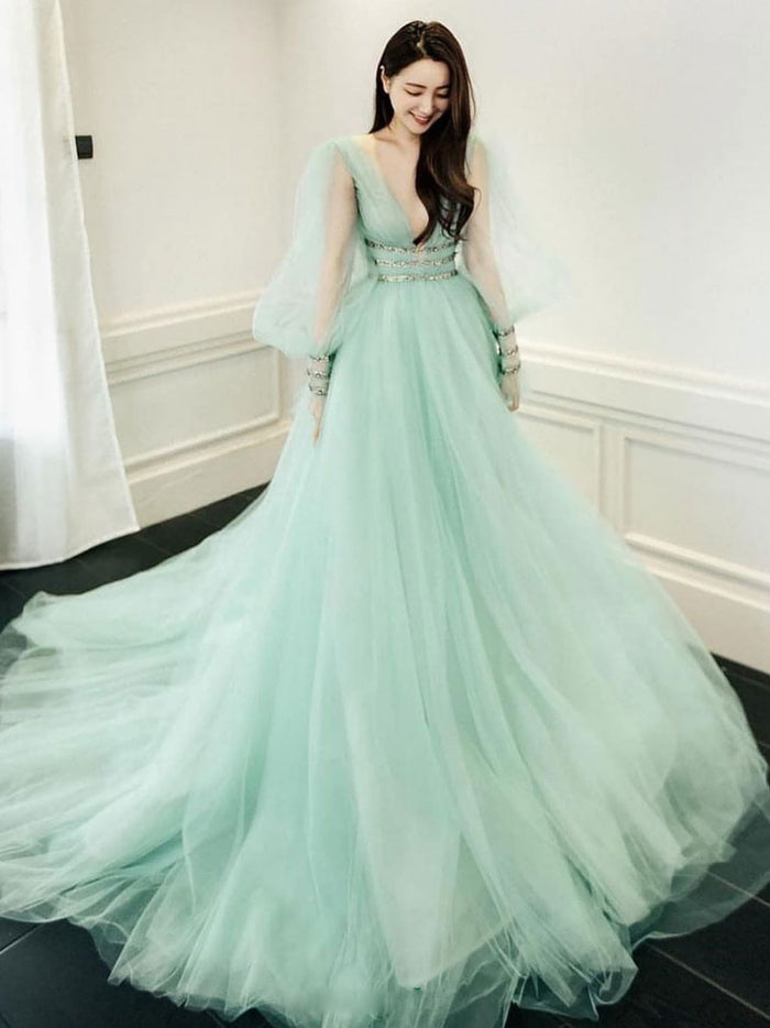 Green v neck tulle long prom dress green tulle formal dress