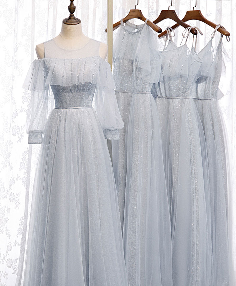 Simple gray tulle long prom dress gray bridesmaid dress