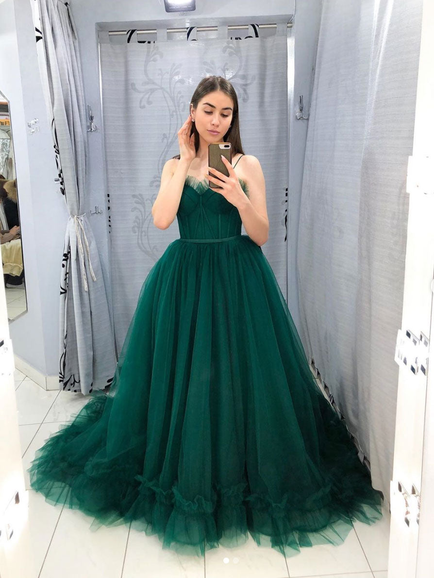 Green sweetheart neck tulle long prom dress green formal dress – toptby