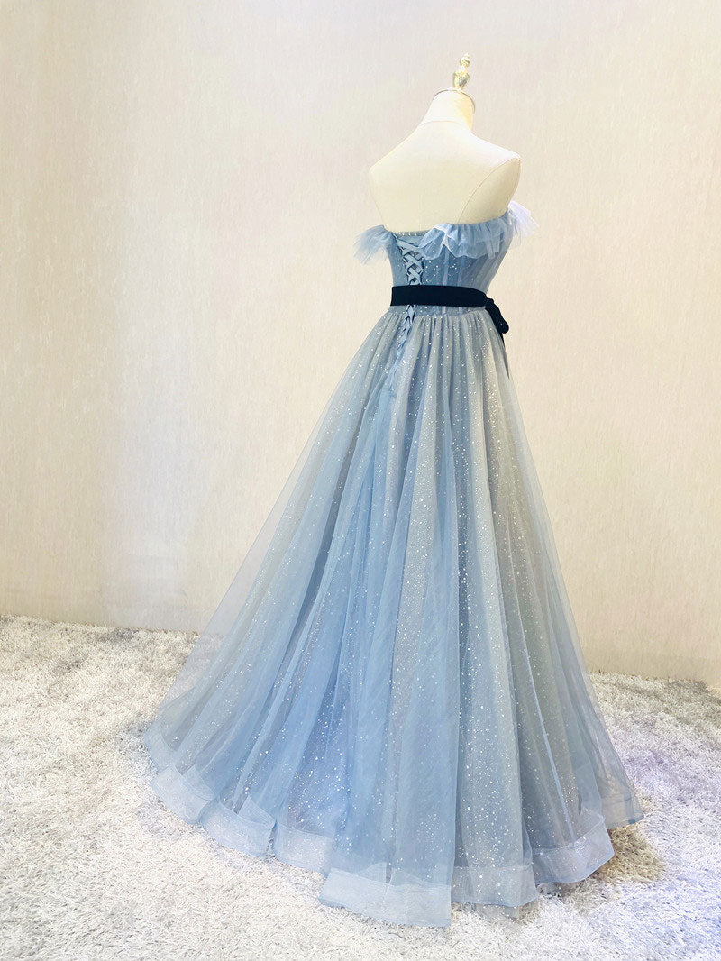 Blue tulle sequin long prom dress A line tulle blue formal dress toptby Blue tulle sequin long prom dress A line tulle blue formal dress toptby